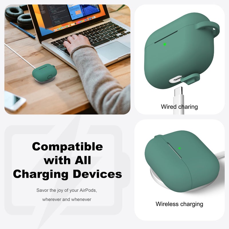 R-fun for AirPods Pro 2nd/1st Generation Case with Cleaner Kit,Soft Silicone Protective Case Cover for Apple AirPod Pro 2/1 for Women Men,AirPods Pro Case Accessories with Keychain,Pine Green - Image 3